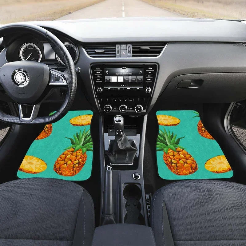 Pastel Turquoise Pineapple Pattern Print Front and Back Car Floor Mats Heavy Carpet Front and Rear Full Set 4PCs Pack