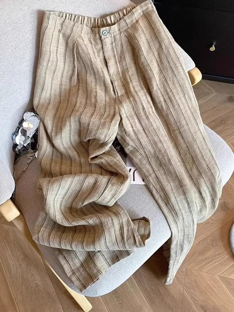 

Широкие хлопковые льняные брюки, полосатые драпированные женские летние модные прямые брюки заводского кроя, брюки с высокой талией