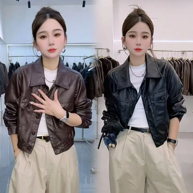 Spring Summer Crop Jacket Women Leather Coat Streetwear Bomber Jacket PU Coats Pockets Single-Breasted Top Long-sleeved Jackes
