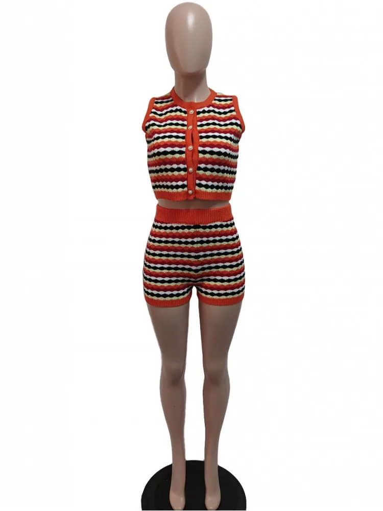 Setelan Olahraga Wanita Set 2 Potong Atasan Longgar Kasual Musim Panas dan Celana Pendek Setelan Keringat Rajutan Bergaris Dua Potong Set Pakaian Yang Cocok