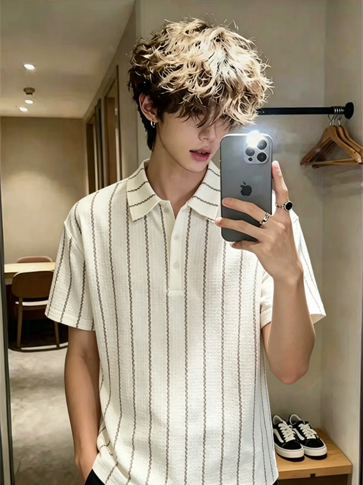 Slim Fit Summer  Shirt Men's Short Sleeve Striped Texture Breathable Comfortable Soft Polyester Lycra Blend Casual Tee