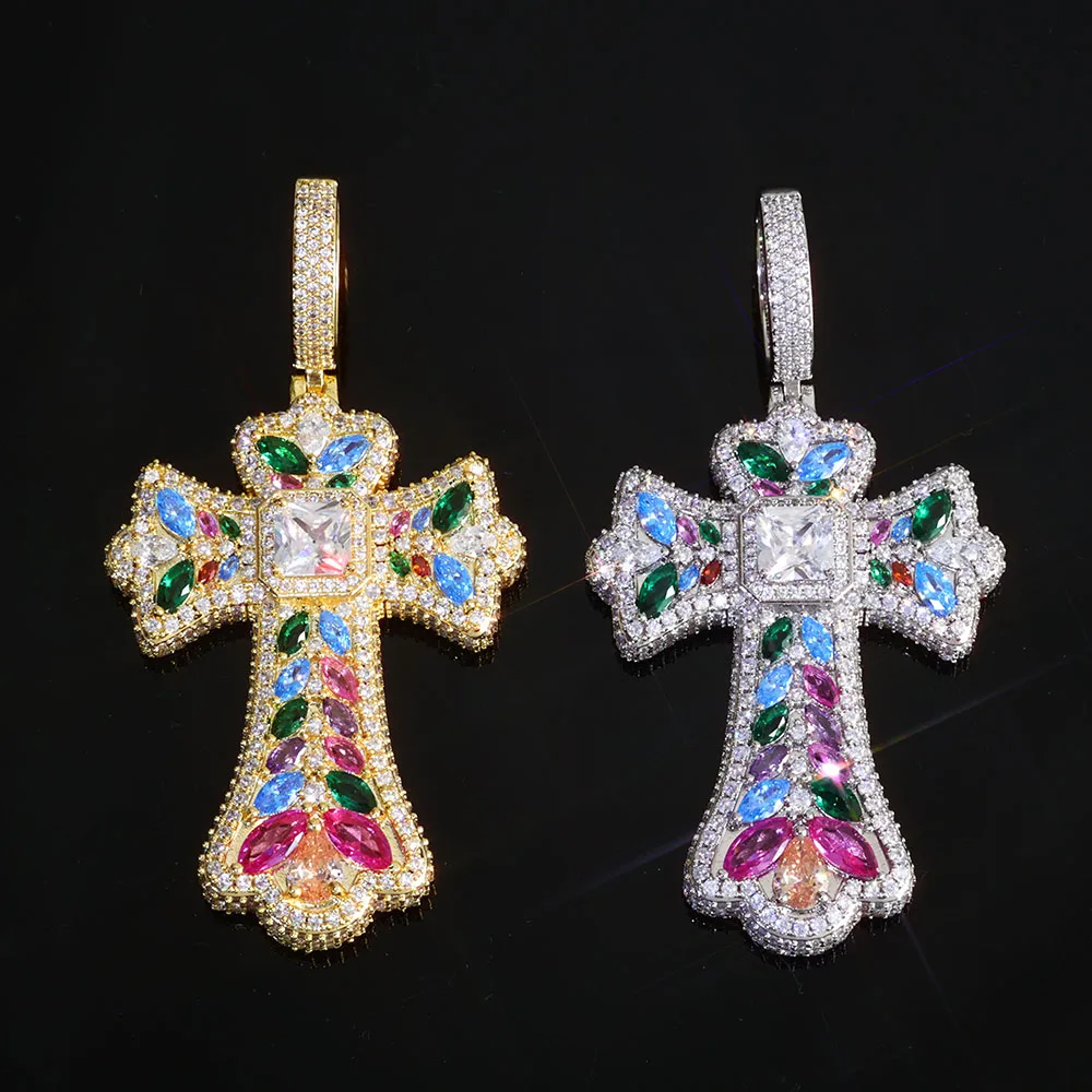 New Custom Colored Cubic Zirconia Cross Pendant Necklace Iced CZ Hip Hop Style Men And Women Rock Fashion Jewelry