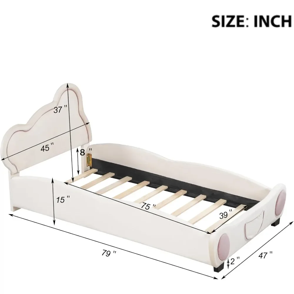 Łóżko tapicerowane dla dzieci, aksamitne łóżko z platformą z zagłówkiem w kształcie niedźwiedzia i kieszenią na końcu łóżka