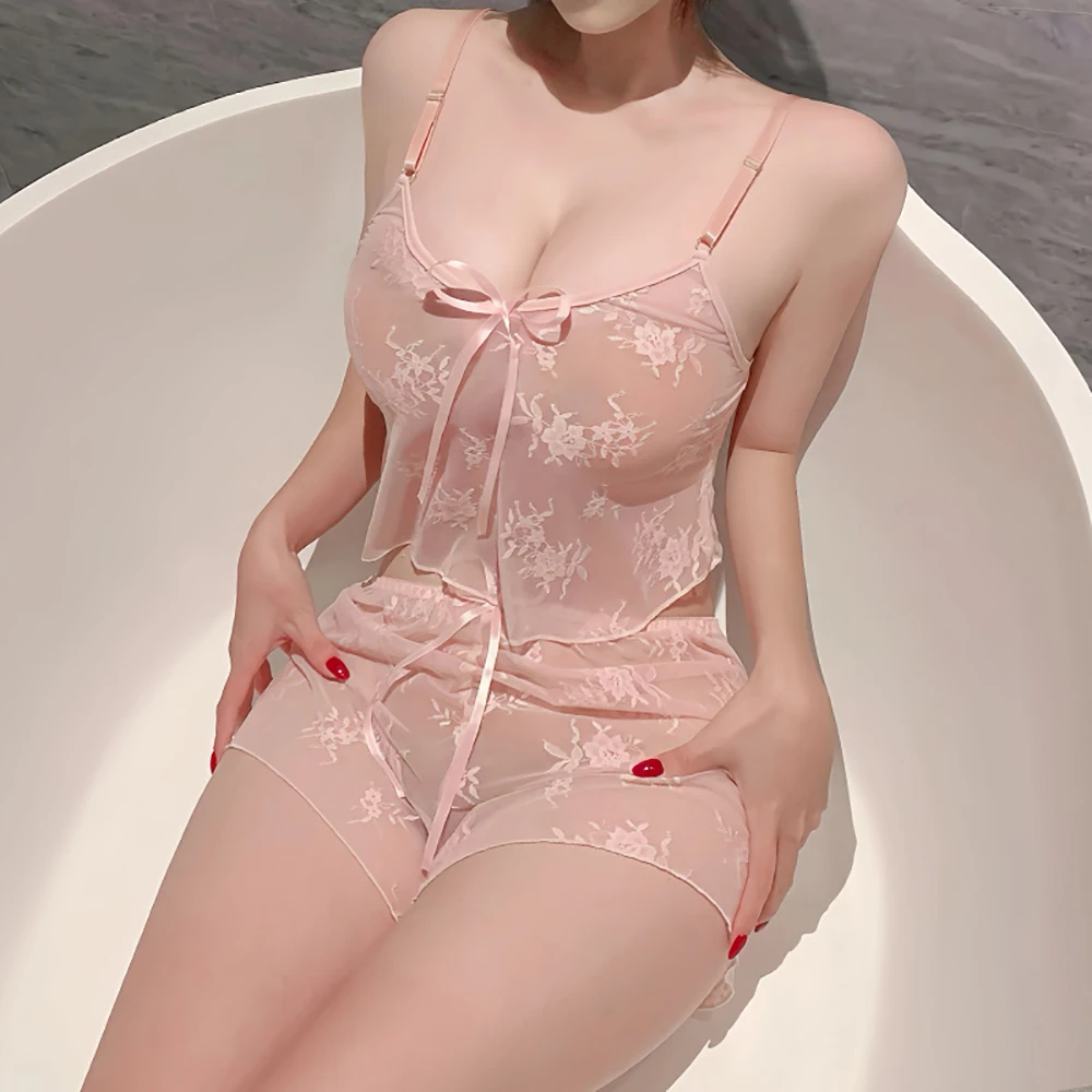 

Sexy Lace Pajamas Women's Perspective Home Clothes Set Pure Desire Sensual Sleepwear Harness Camis Shorts Pijamas Two Piece Suit