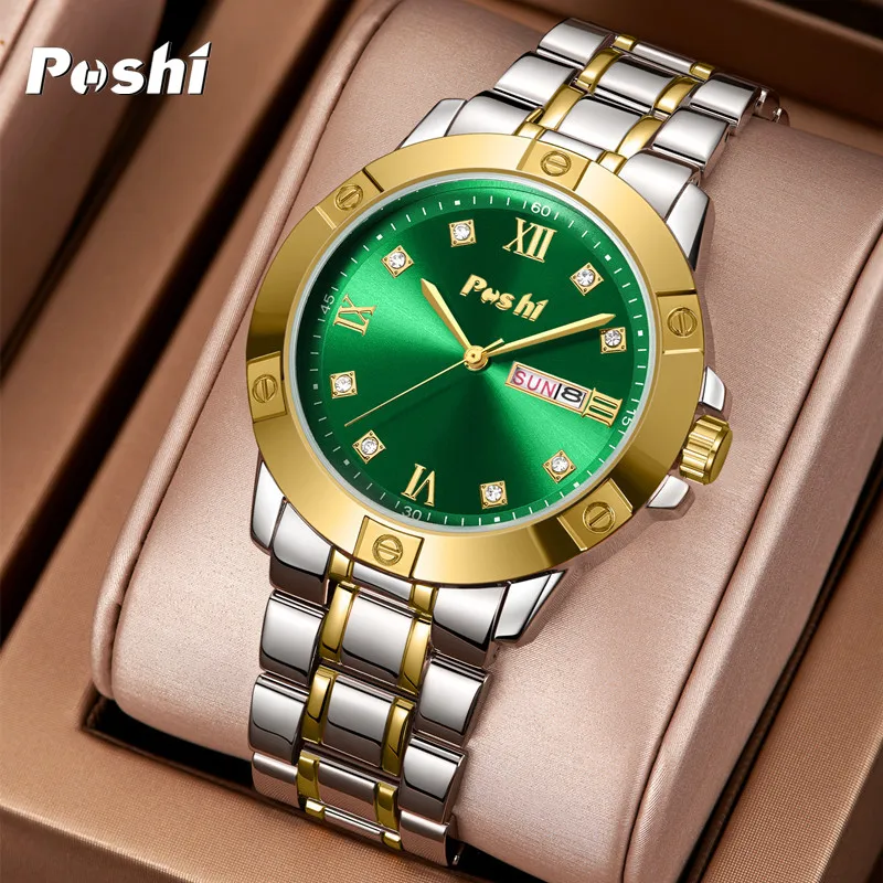 

POSHI Original Mens Wrist Watch Stainless Steel Quartz Watch with Date Week Waterproof Fashion Business Wristwatch Three Hands