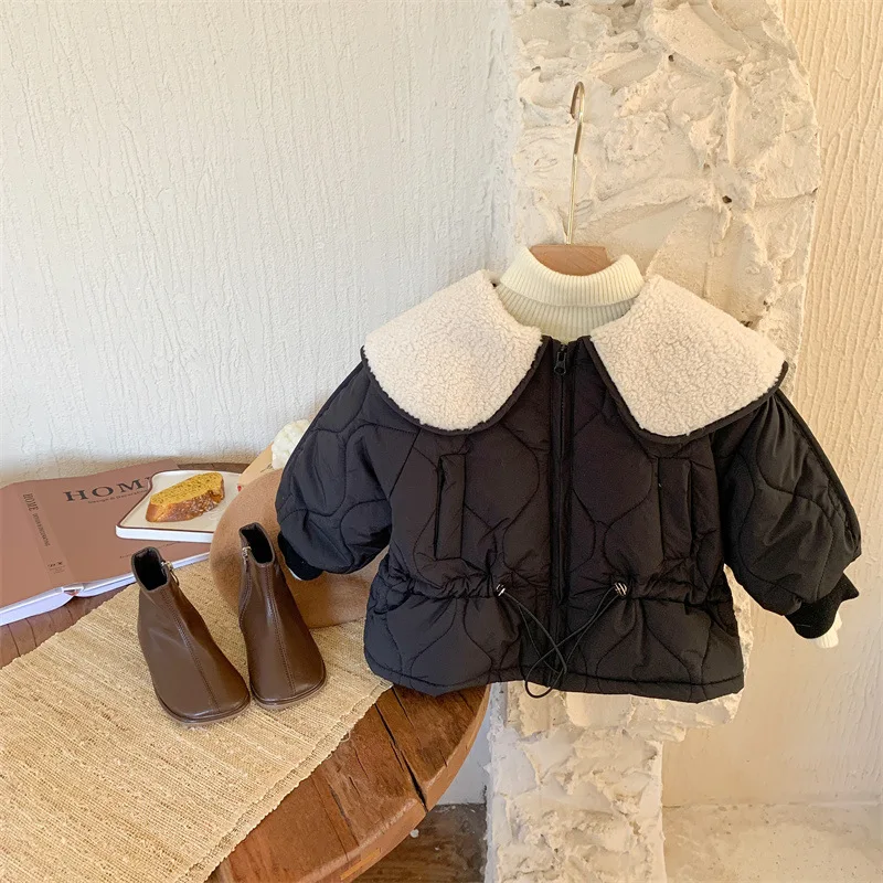 

Baby Girls Winter Coats Korean Style Turn Down Collar Velvet Zipper Thicken Warm Children Cotton Jacket Casual Kids Outerwear