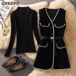 Black Vintage Mink Cashmere Mid-Length Vest Jacket Elegant Belted Long Waistcoat And Knitted Sweater  2 Piece Sets Women Outfits