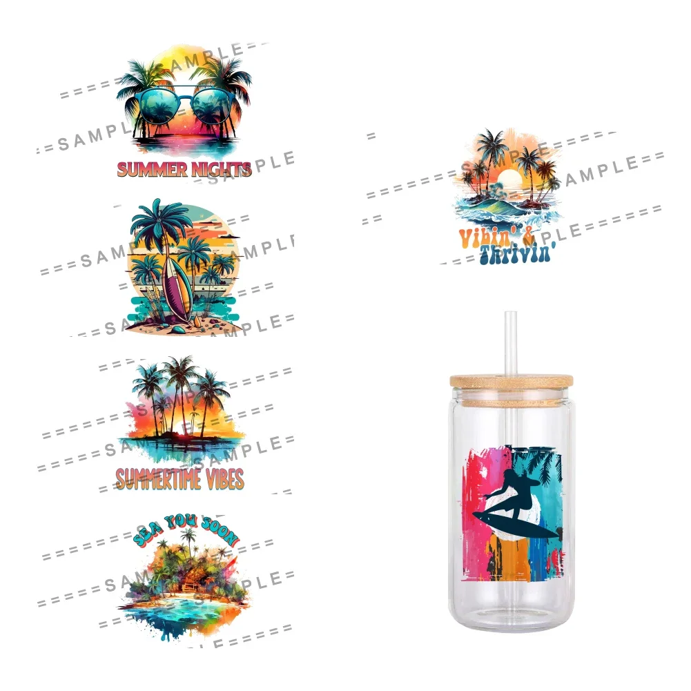 11x11cm Summer Style Design Pattern UV DTF Sticker Waterproof Decals For 16oz Glass Cup Wrap Stickers