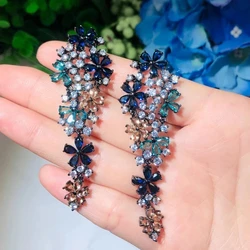 CWWZircons Long Drop Flower Multi Color Blue Cubic Zirconia Earrings for Women Fashion Statement Wedding Party Jewelry CZ669