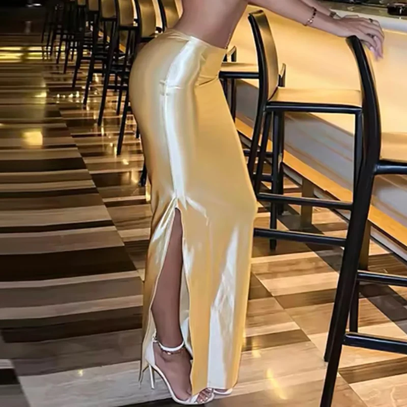 Sexy Spicy Girl Side Split High Waisted Bag Hip Skirt Luxury Pendant Satin Slim Skirt Spring Simple Solid Office Commuting Skirt