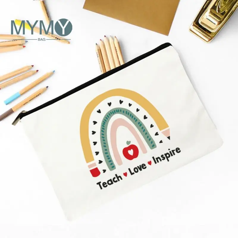 Teach Love Inspire Rainbow Cosmetic Bag with Zipper School Portable Makeup Bags Casual Travel Toiletry Bag Storage Pouch Handbag