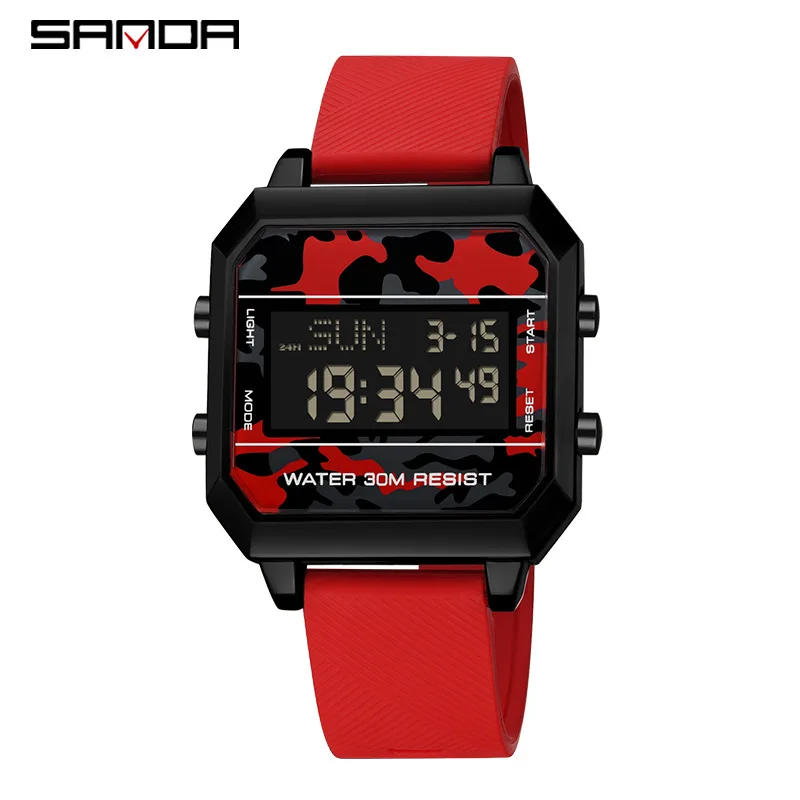 ساعة إلكترونية مربعة للرجال ، شاشة رقمية ، حزام سيليكون ، إبداعي ، خارجي ، مموّه ، مضيء ، ترفيهي ، من SANDA-Men