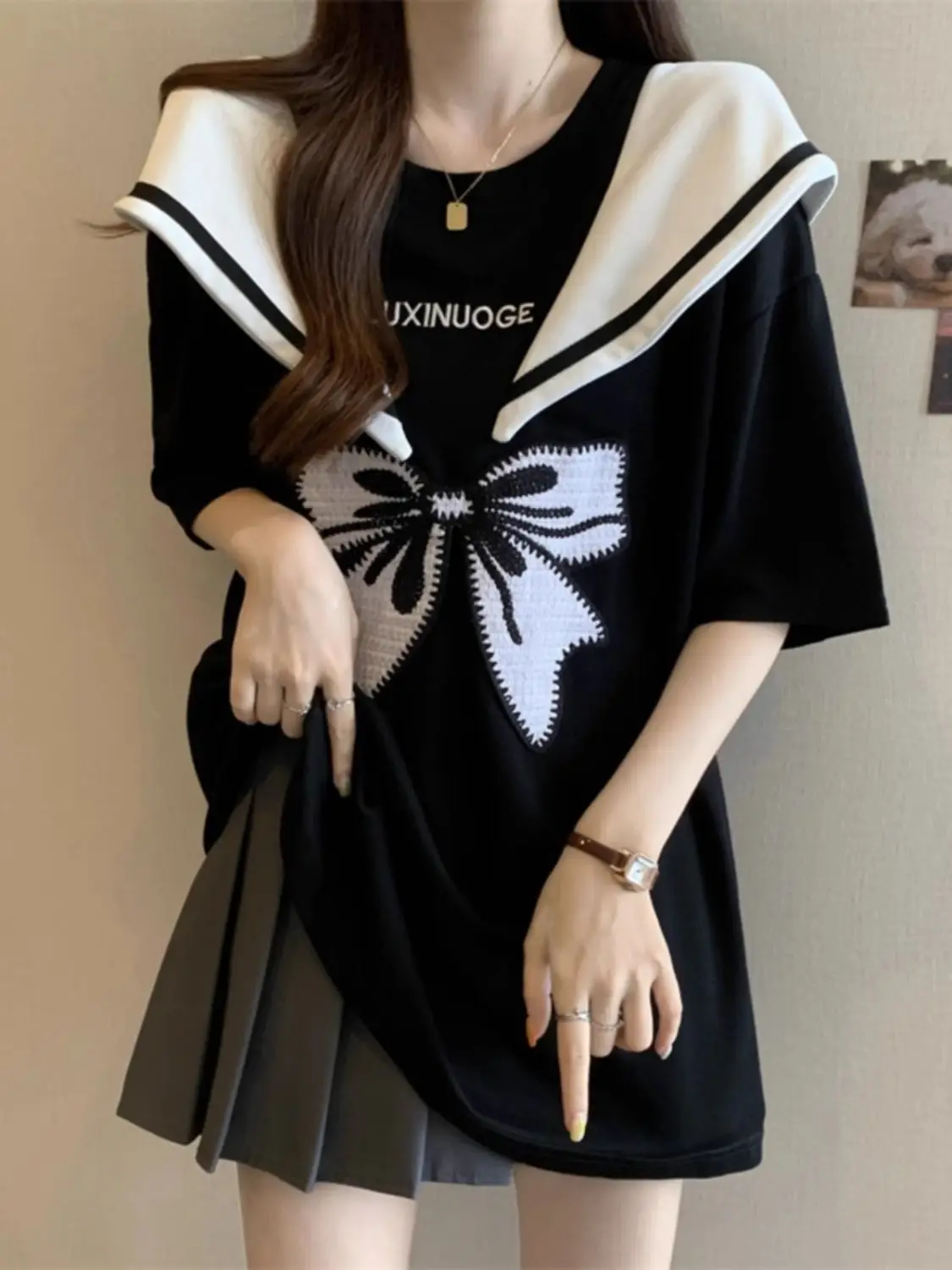 Korean Version Bow Short Sleeved T-Shirt for Women In Summer Loose Fit Belly Covering Age Reducing Short Sleeved Shirt