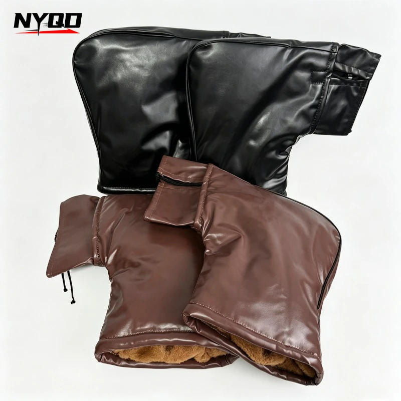 Winter Motorcycle Handlebar Gloves PU Leather Windproof Waterproof Warm Thick Fleece Lined Electric Scooter Cold Weather Riding