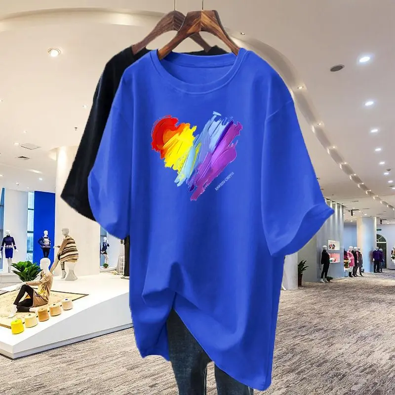 Rainbow Love Pure Cotton White Pullover T-shirt for Women Summer Short Sleeve Fashion Round Neck Loose-fitting Middle Length Top image 5