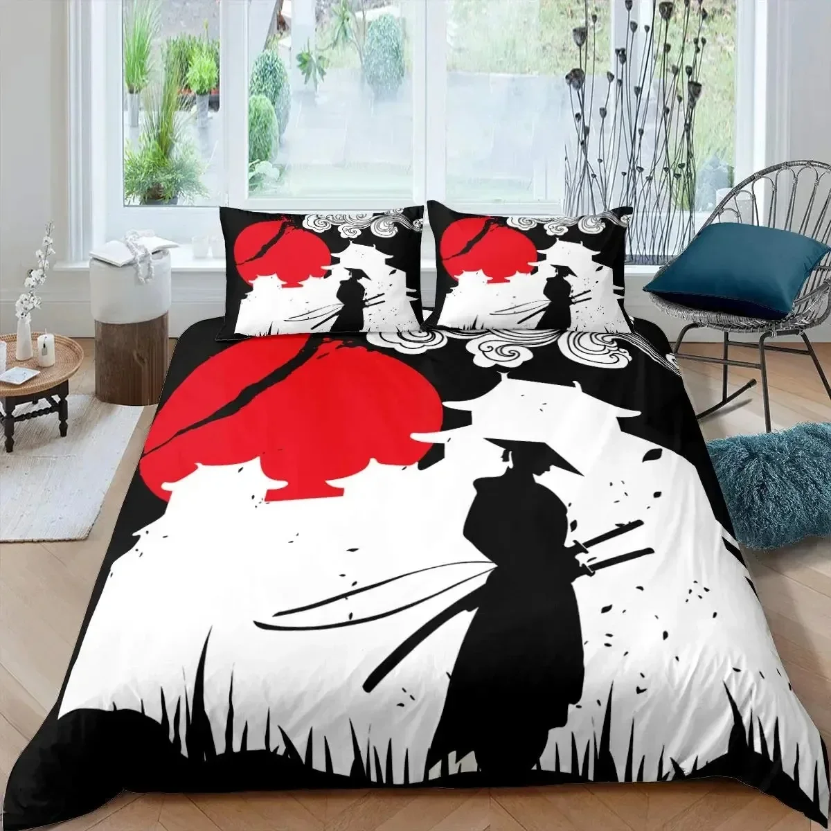 Japanese Samurai Bedding Set KingQueenFull Size Japan Sunset Scenery Building Silhouette Polyester Duvet Cover Men Black Red