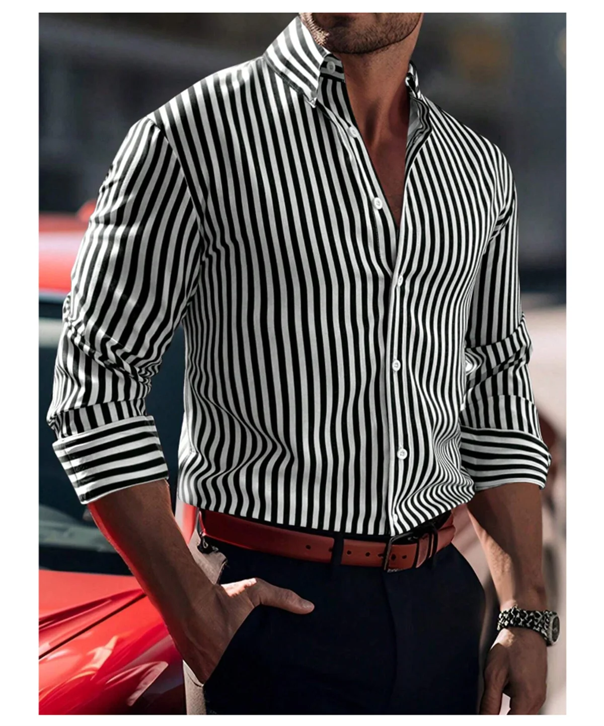 Men\'s shirt Tiki series solid color striped printed pattern long sleeved lapel button casual shirt comfortable and soft fabric