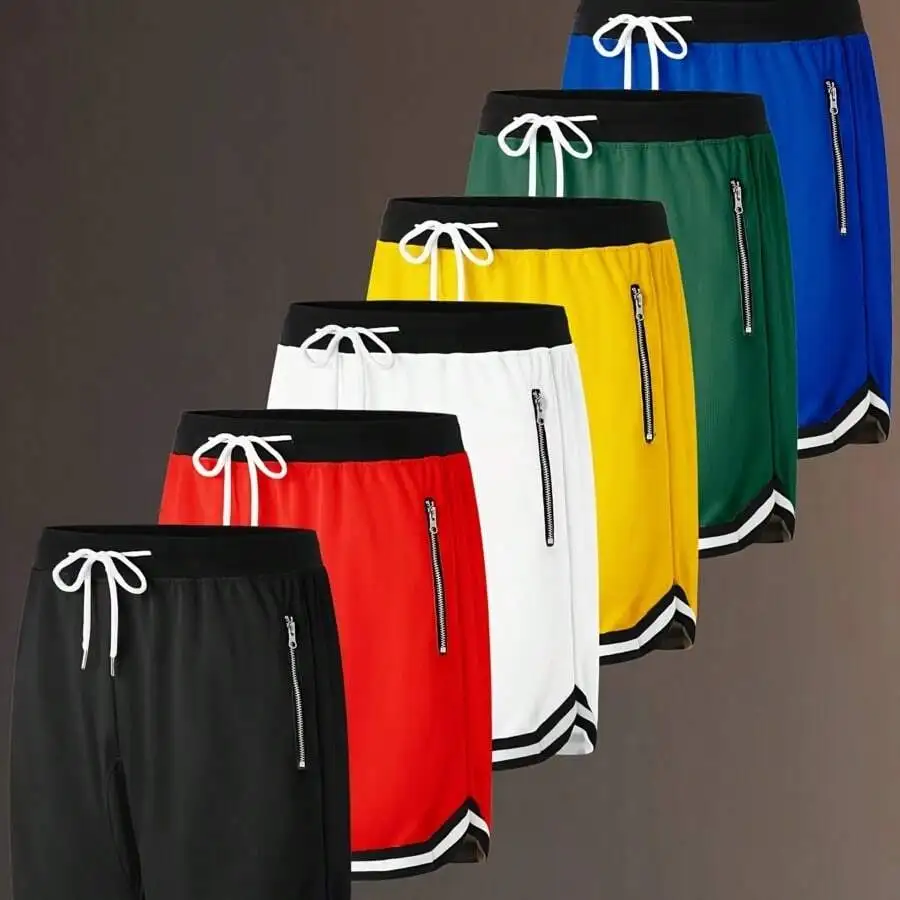 6 Pcs Mens Athletic Shorts With Zippered Pockets Drawstring Casual Sportswear Solid Color Polyester