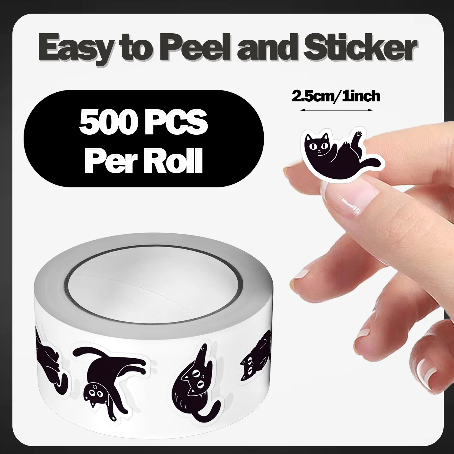 1Roll500Pcs Black Funning Cats Stickers 2.5cm/1.0'' 16 Designs Decals Diy Adorn Gifts Suitable for Various Packaging Home Dector