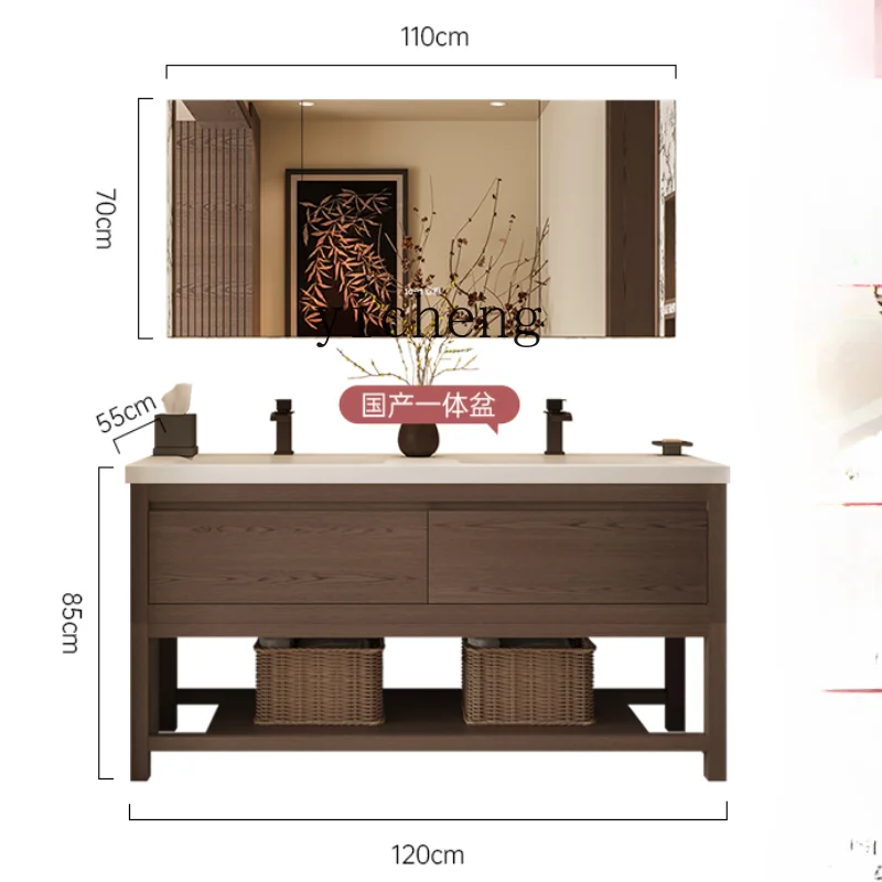 Tqh Ancient Style Corian Integrated Double Basin Floor Rubber Wood Bathroom Cabinet Combination Washstand