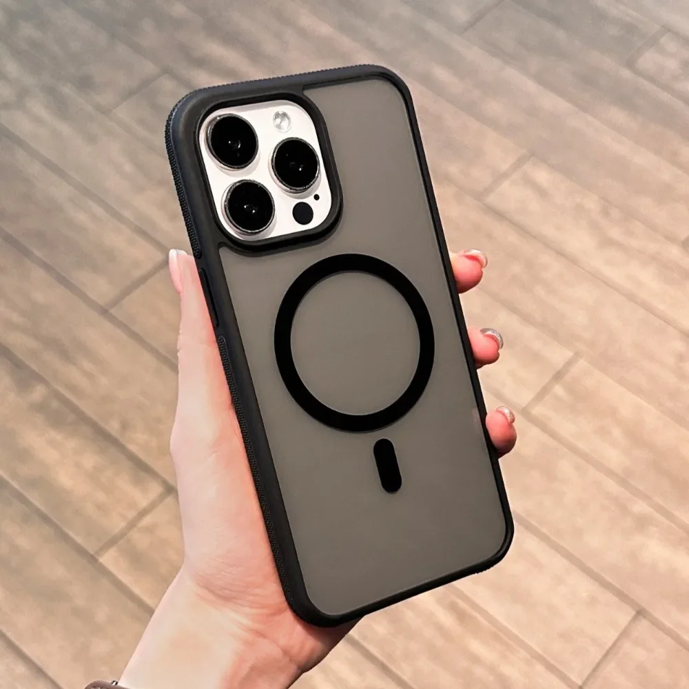 

Luxury Half transparent Black Magnetc Magsafe Phone Case for iPhone 16 15 14 Plus 13 12 11 Pro Max Protective Shockroof Cover