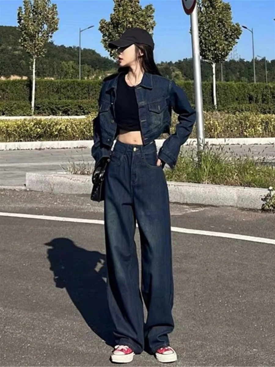 

Denim Jaet And Wide Leg Pants Two Piece Set Korean Drama Inspired Faionable High End Feeling Spring Autumn Wear