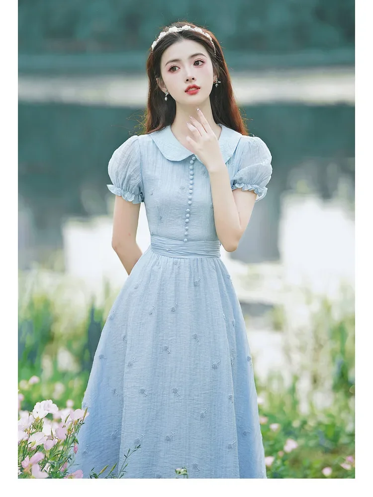 French Vintage Embroidery Dresses for Women\'s High Quality Short Sleeve Vestidos Blue Summer Peter pan Collar Sweet Dress