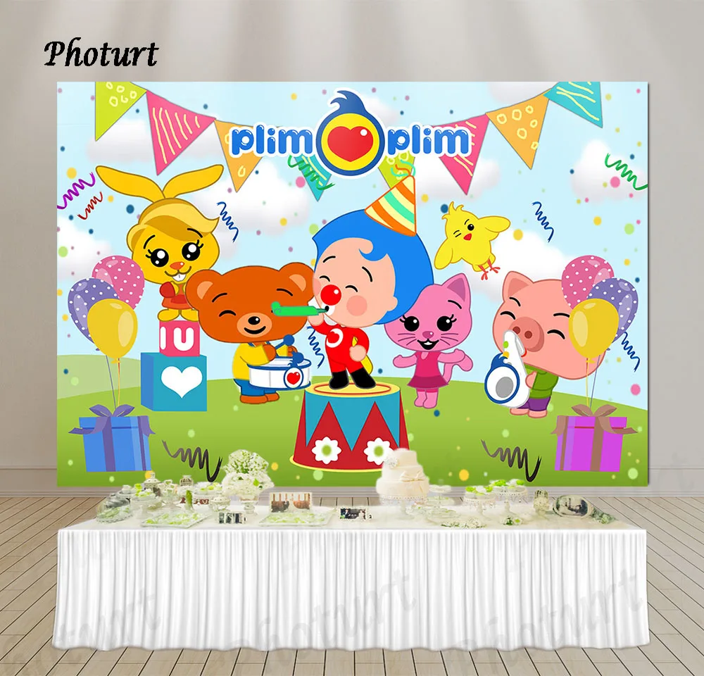 PHOTURT Plim Plim Backdrop Kids Birthday Party Photography Banner Cartoon Pig Bear Photo Background Rainbow Vinyl Decorate Props