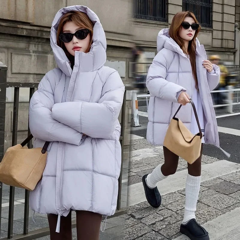 

2025 Women Hooded Down Cotton Coat Autumn Winter Ladies Long Sleeves Parkas Jacket French Feminine Light Luxury Puffer Outwear