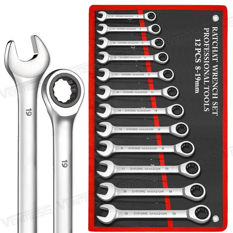 

Ratcheting Combination Wrench Set, 72 Teeth Ratchet Wrench for Car Repair and Household Equipment Repair, Cr-V,Portable Handbag