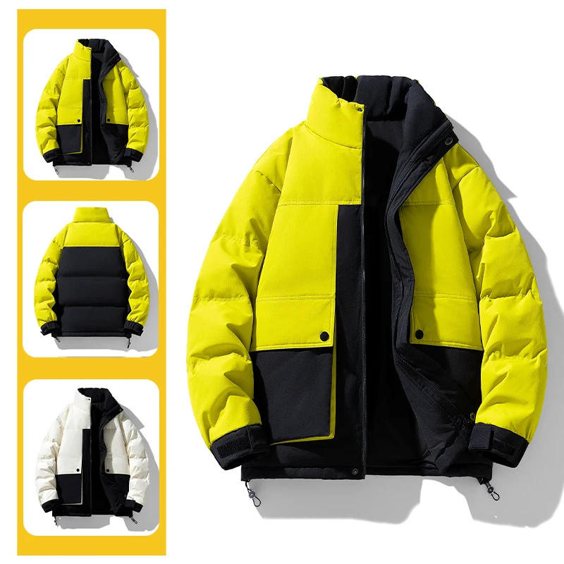 Men's casual down jacket, winter stand collar color matching warm tooling down coat, simple men's cotton jacket 2024 winter