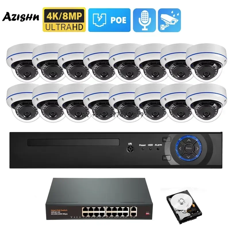 wmwmnu H.265 16CH 4K 8MP 4MP Security System Human Detection Audio Vandalproof Dome Metal CCTV Video POE