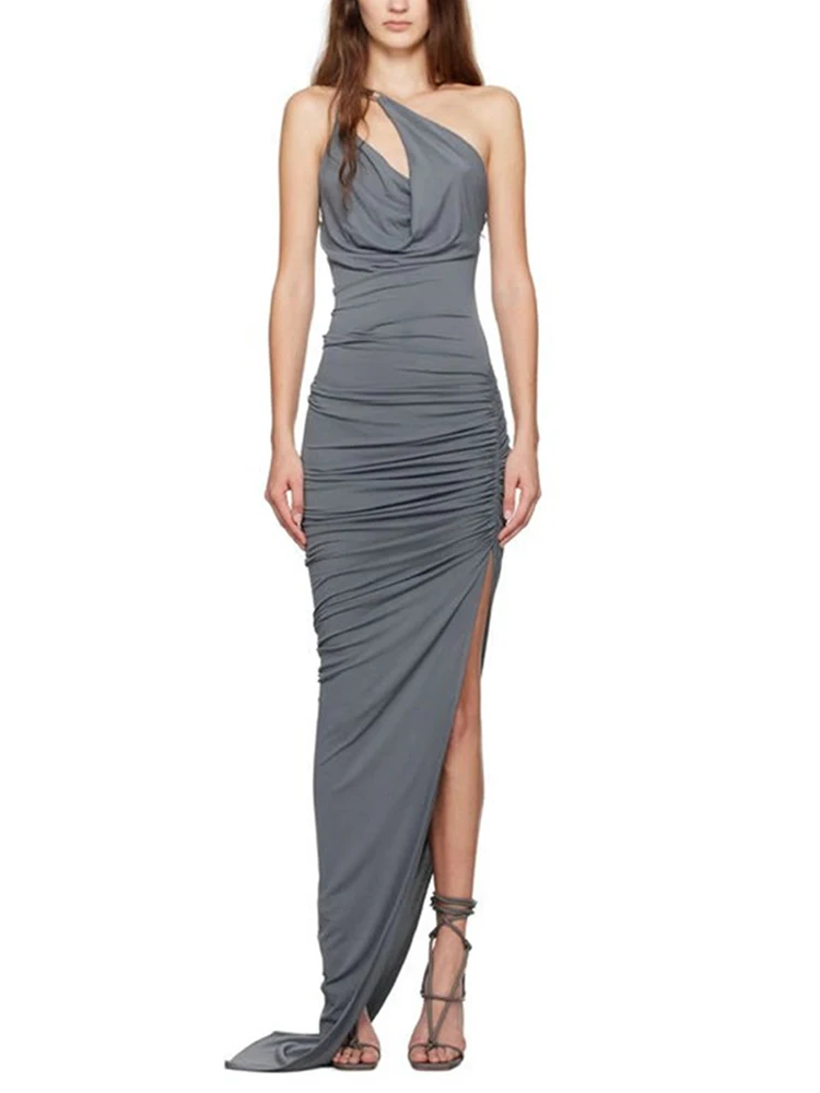 

Sexy One Shoulder Irregular Folds Long Dress Women Sleeveless Backless Side Split Slim Dresses Evening Party Cocktail Gowns