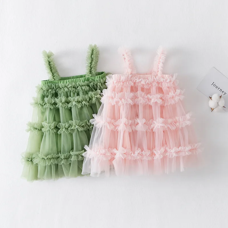 

2 Pack Girls Flower Sleeveless Strap Princess Layered Dress Tulle Ruffles Flower Girls Wedding Party Dresses