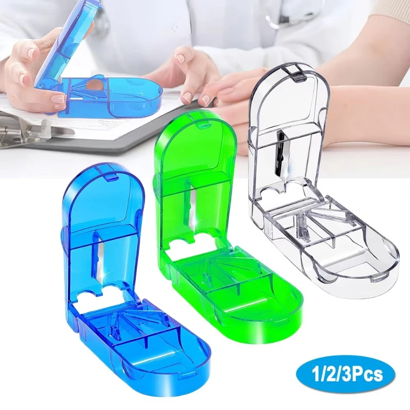 1/2/3pcs Rectangular Transparent Medicine Cutter Small Pill Tablet Cutter with Storage Compartment Box Medicine Organizer