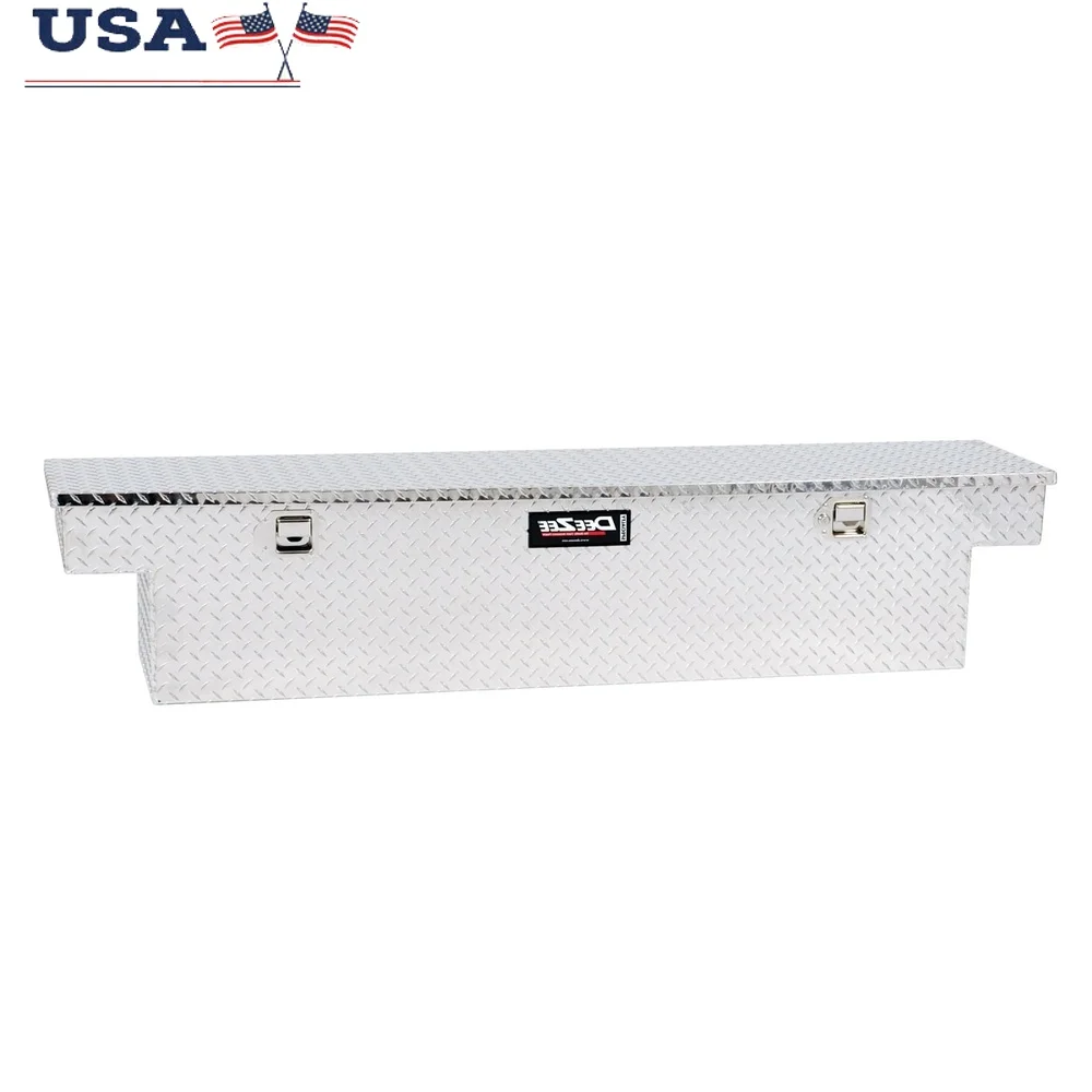 

Narrow Crossover Tool Box Durable Brite-Tread Aluminum Lockable Push-Button Handles Gas Shocks Foam Gasket Truck Bed Storage