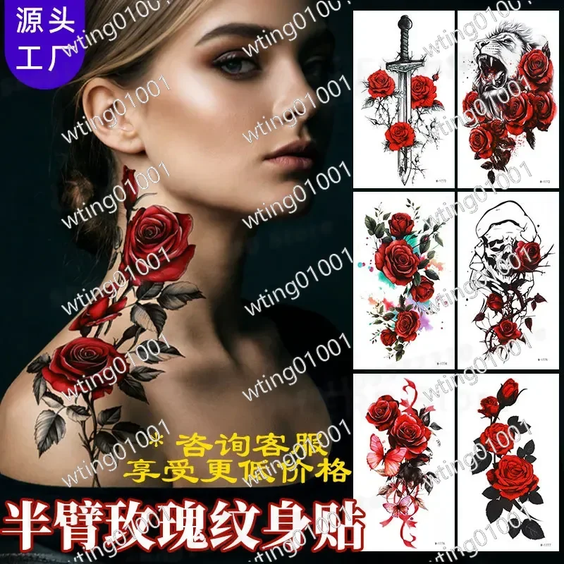for Cross-border Colorful Half Arm Tattoo Sticker Blood Rose Waterproof Disposable Sexy Men Women Temporary