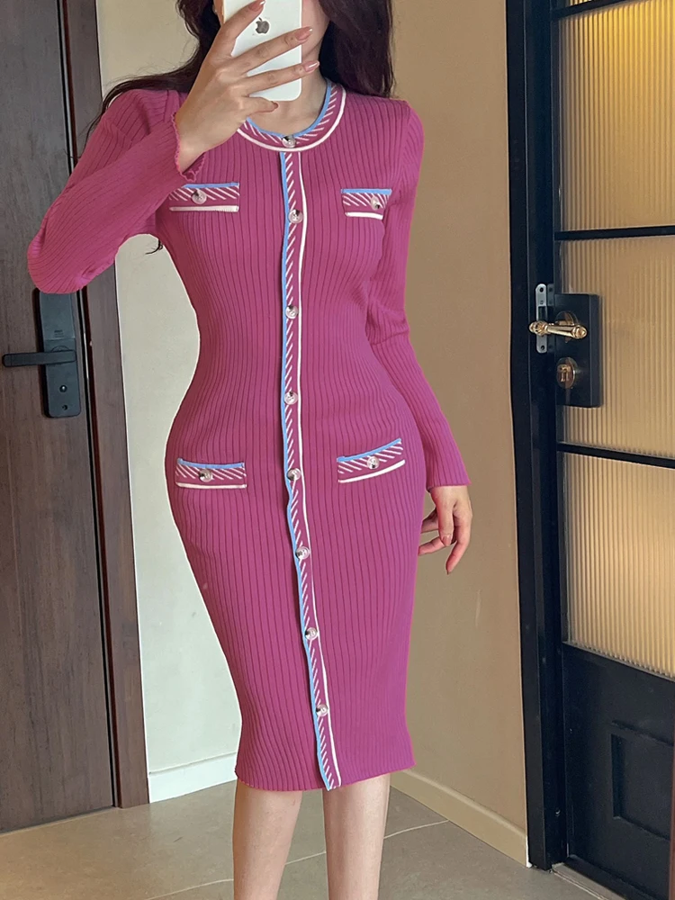 الربيع الرجعية المرأة واحدة الصدر محبوك فساتين موضة جديدة س الرقبة طويلة الأكمام الإناث سترة Bodycon فساتين رداء #3