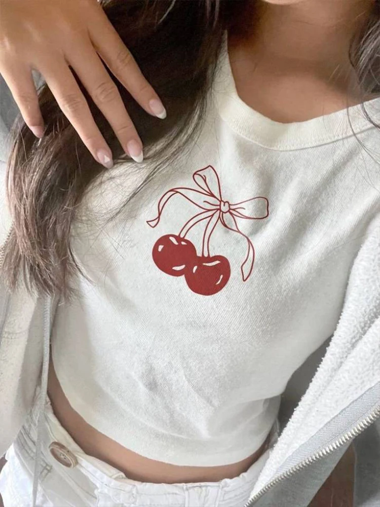 Women's Aesthetics Tee Kawaii Cherry Tops Graphic Tee Harajuku Fashion Baby Tee Cropped Tops Grunge Y2k Top Short Sleeve Slim