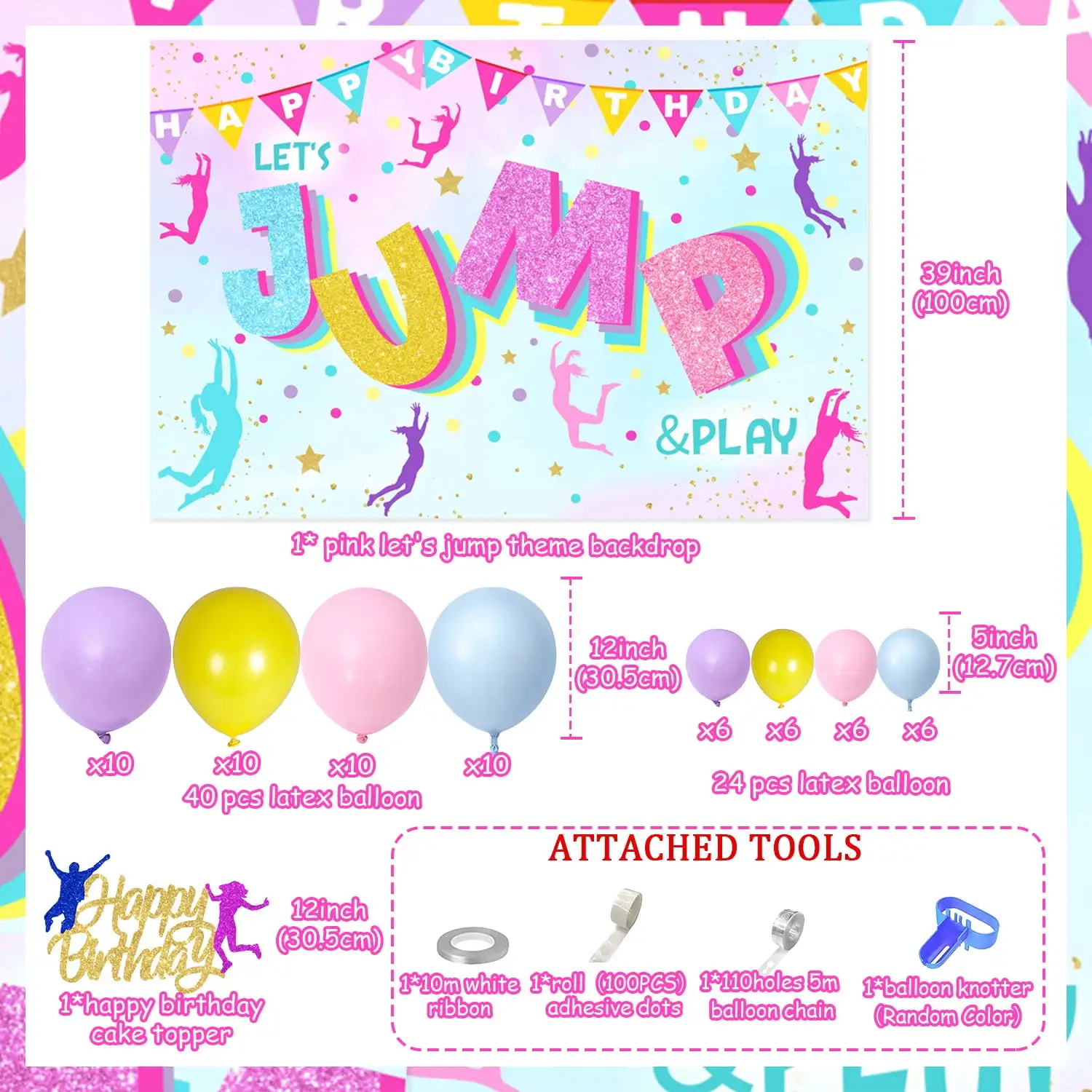 SURPRISE-Jump Theme Party Decoration, Birthday Background, Cake Top, Colorful Balloon, Jump Party Supplies