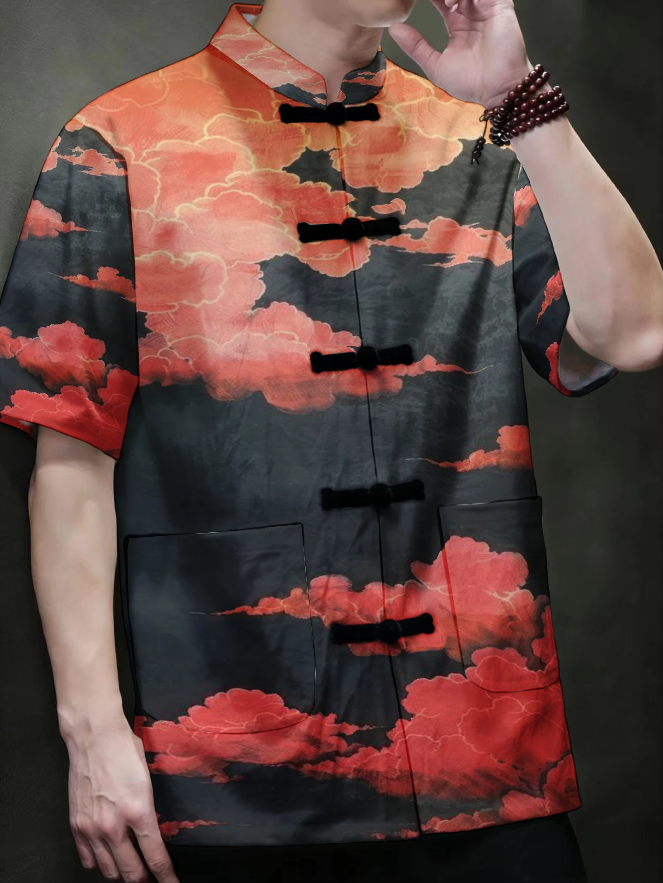 Ethnic Wear Fashion Designer - メンズ エスニック オリエンタル アウターウェア 鮮やかな赤い雲のグラフィック スタンドネック