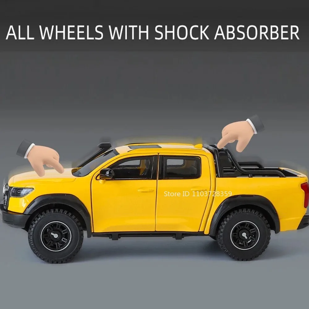 Modèle de ramassage GWM POER 1:24, voitures jouets en alliage moulé sous pression F150 RV, véhicule tout-terrain, son et lumière, portes ouvertes, cadeaux pour enfants