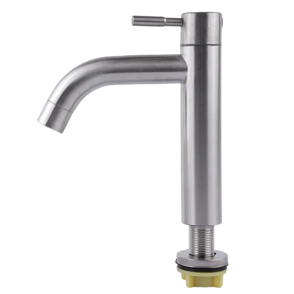 Grifos de lavabo de cocina, grifo de fregadero de Solo Frío plateado de acero inoxidable, conector G1/2 de un solo orificio, grifo de lavabo de encimera de baño