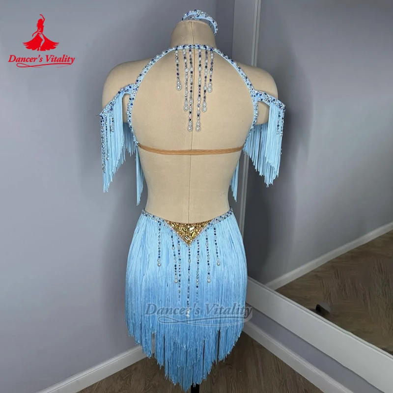 성인용 라틴 AB 스톤 백리스 태슬 드레스 럭셔리 맞춤형 댄서의 활력 차차 삼바 살사 공연&대회 의상