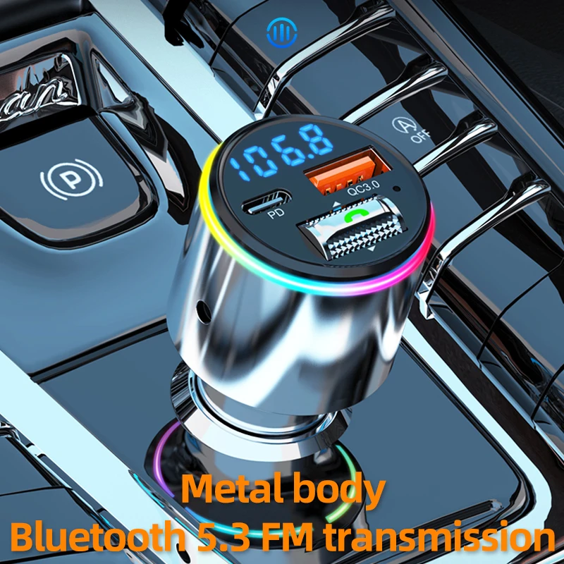 

Metal FM transmitter Bluetooth 5.3 music car call hands-free kit car charger PD30W QC3.0 super fast charging aux audio output