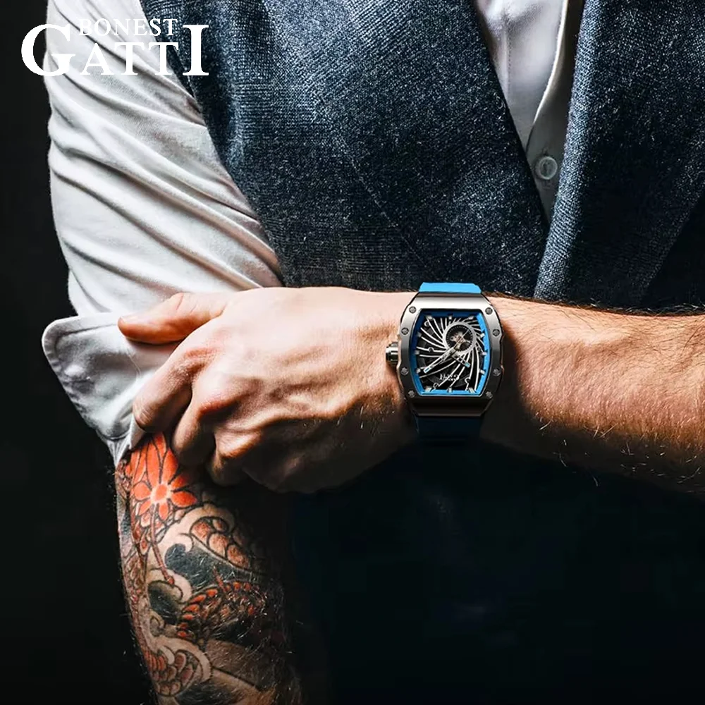 BONEST GATTI Men Luxury Trendy Automatic Mechanical Movement Wristwatch Tonneau Skeleton Steel Case Rubber Strap German Craft
