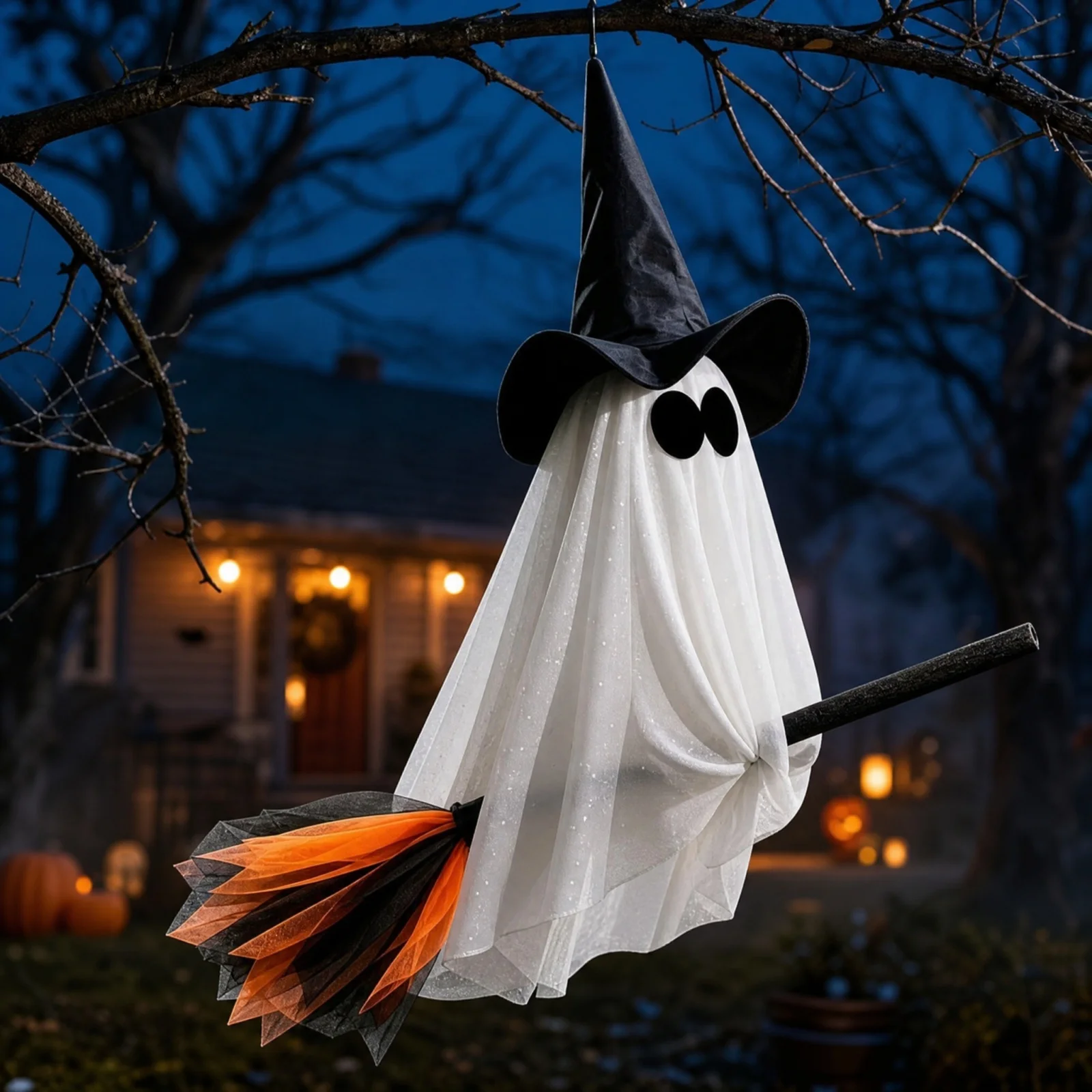 Halloween Hanging Witch Decoration with Tulle Flying Broomstick Horror Ghost Hanging Ornament for Indoor & Outdoor Decor