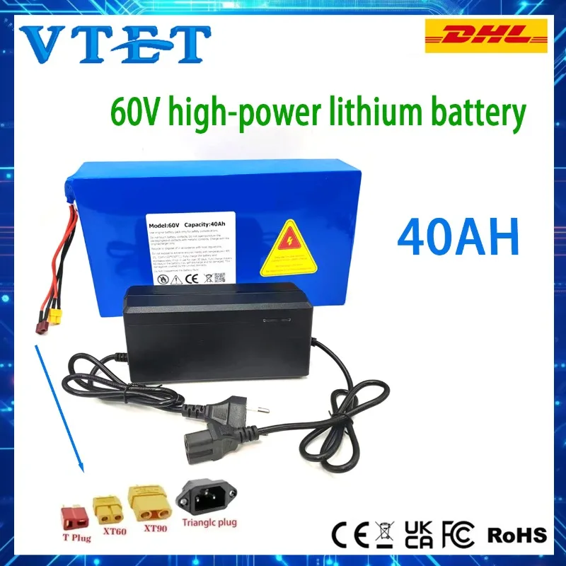 

VTET 60V 40AH Bicycle 18650 Motorcycle Battery Pack 1000W-3000W Rechargeable Battery, Long Range, Equipped with Same Port BMS