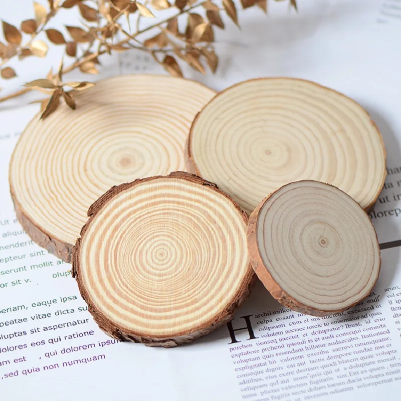 3-12cm Unfinished Natural Round Wooden Slices Tree Bark Log Discs Handmade DIY Arts Crafts Wedding Party Decoration