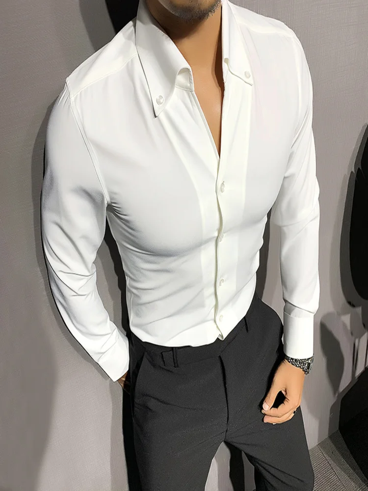 

Trend Brand Fashion Korean Solid Color Shirt Men 2024 British Windsor Collar Long Sleeve Business Slim Fit Dress